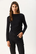 Kadın Kayık Yaka Uzun Kollu Tişört %100 Pamuk - Siyah