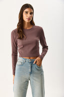 Kadın Maria Uzun Kollu Crop Tişört - Kahverengi