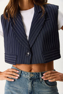 Kadın Oversize Çizgili Yelek - LACİVERT-BEYAZ