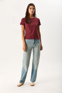 Kadın Rachel Bisiklet Yaka Slim Fit Basic Tişört - Bordo