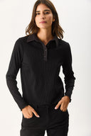 Kadın Riso Gömlek Yakalı Tişört - Siyah