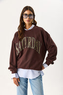 Kadın Saturday Baskılı Efektli Sweatshirt %100 Pamuk - Acı Kahve