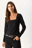 Kadın Tara Kare Yaka Tişört - Siyah