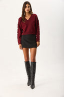 Kadın V Yakalı Kolu Düğme Detaylı Triko - Bordo