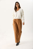 Kadın V Yakalı Kolu Düğme Detaylı Triko - Fildişi