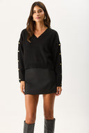 Kadın V Yakalı Kolu Düğme Detaylı Triko - Siyah