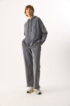 Kadın Kapüşonlu Regular Fit Yıkamalı Sweatshirt %100 Pamuk - Antrasit