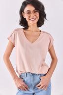Kadın Khloe V Yaka Regular Fit Dantel Detaylı Modal Tişört (TENCEL)™ - Pudra