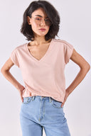 Kadın Khloe V Yaka Regular Fit Dantel Detaylı Modal Tişört (TENCEL)™ - Pudra