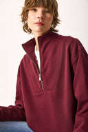 Kadın Marina Yarım Fermuarlı Sweatshirt %100 Pamuk - Bordo