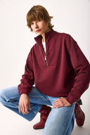 Kadın Marina Yarım Fermuarlı Sweatshirt %100 Pamuk - Bordo