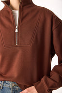 Kadın Marina Yarım Fermuarlı Sweatshirt %100 Pamuk - Kahverengi