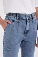 Kadın Norah Med Blue Yıpratma Detaylı Beli Lastikli Jean Pantolon - Med Blue