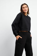 Kadın Önü Kısa Arkası Uzun Balon Kollu Sweatshirt - Siyah