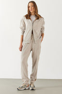 Kadın Paçası Lastikli Kontrast Ara Parçalı Jogging Pantolon - Ekru Melanj