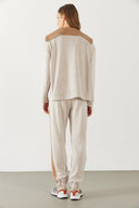 Kadın Paçası Lastikli Kontrast Ara Parçalı Jogging Pantolon - Ekru Melanj