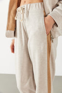 Kadın Paçası Lastikli Kontrast Ara Parçalı Jogging Pantolon - Ekru Melanj
