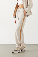Kadın Paçası Lastikli Kontrast Ara Parçalı Jogging Pantolon - Ekru Melanj