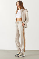 Kadın Paçası Lastikli Kontrast Ara Parçalı Jogging Pantolon - Ekru Melanj