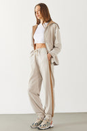 Kadın Paçası Lastikli Kontrast Ara Parçalı Jogging Pantolon - Ekru Melanj