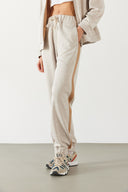 Kadın Paçası Lastikli Kontrast Ara Parçalı Jogging Pantolon - Ekru Melanj