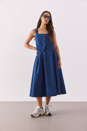 Kadın Pilili Kloş Lyocell Dark Blue Midi Boy Jean Etek - Dark Blue
