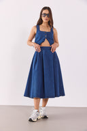 Kadın Pilili Kloş Lyocell Dark Blue Midi Boy Jean Etek - Dark Blue