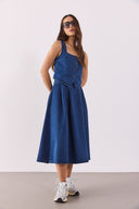 Kadın Pilili Kloş Lyocell Dark Blue Midi Boy Jean Etek - Dark Blue