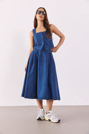 Kadın Pilili Kloş Lyocell Dark Blue Midi Boy Jean Etek - Dark Blue