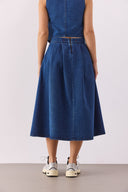 Kadın Pilili Kloş Lyocell Dark Blue Midi Boy Jean Etek - Dark Blue