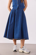 Kadın Pilili Kloş Lyocell Dark Blue Midi Boy Jean Etek - Dark Blue