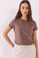 Kadın Rachel Bisiklet Yaka Slim Fit Basic Tişört - Vizon