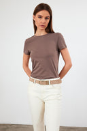 Kadın Rachel Bisiklet Yaka Slim Fit Basic Tişört - Vizon