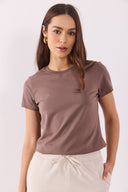 Kadın Rachel Bisiklet Yaka Slim Fit Basic Tişört - Vizon