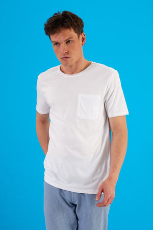 Erkek Simon Bisiklet Yaka Cep Detaylı Basic Tişört %100 Pamuk - Beyaz