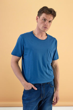 Erkek Simon Bisiklet Yaka Cep Detaylı Basic Tişört %100 Pamuk - Navy
