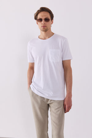 Erkek Simon Bisiklet Yaka Cep Detaylı Basic Tişört %100 Pamuk - Beyaz