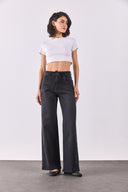 Kadın Sydney Kemer Detaylı Black Wide Leg Jean Pantolon - Black