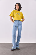 Kadın Vena Jeans Baskılı Bisiklet Yaka Regular Fit Tişört %100 Pamuk - Sarı