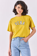 Kadın Vena Jeans Baskılı Bisiklet Yaka Regular Fit Tişört %100 Pamuk - Sarı