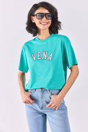 Kadın Vena Jeans Baskılı Bisiklet Yaka Regular Fit Tişört %100 Pamuk - Turkuaz