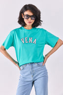 Kadın Vena Jeans Baskılı Bisiklet Yaka Regular Fit Tişört %100 Pamuk - Turkuaz