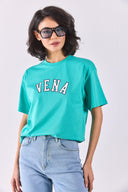 Kadın Vena Jeans Baskılı Bisiklet Yaka Regular Fit Tişört %100 Pamuk - Turkuaz