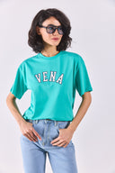 Kadın Vena Jeans Baskılı Bisiklet Yaka Regular Fit Tişört %100 Pamuk - Turkuaz