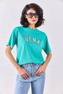Kadın Vena Jeans Baskılı Bisiklet Yaka Regular Fit Tişört %100 Pamuk - Turkuaz