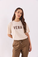 Kadın Vena Logo Baskılı Oversize Tişört %100 Pamuk - Bej