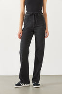 Kadın Wanda Kemer Detaylı Black Wide Leg Jean Pantolon %100 Pamuk - Black