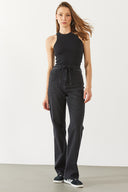 Kadın Wanda Kemer Detaylı Black Wide Leg Jean Pantolon %100 Pamuk - Black