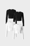 4lü Siyah Fildişi Kadın Maria Uzun Kollu Crop Tişört