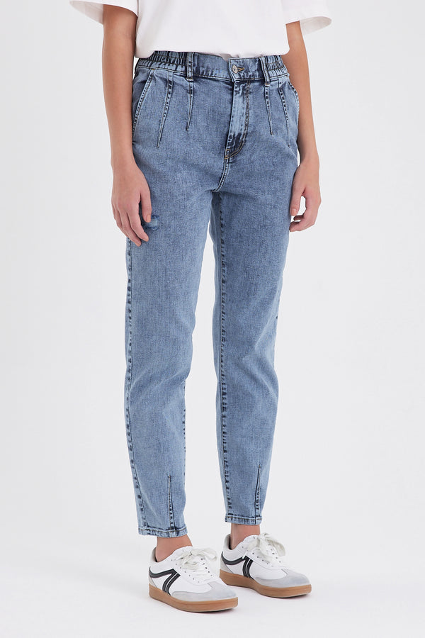 Norah Med Blue Beli Lastikli Yıpratmalı Jean Pantolon - MED BLUE